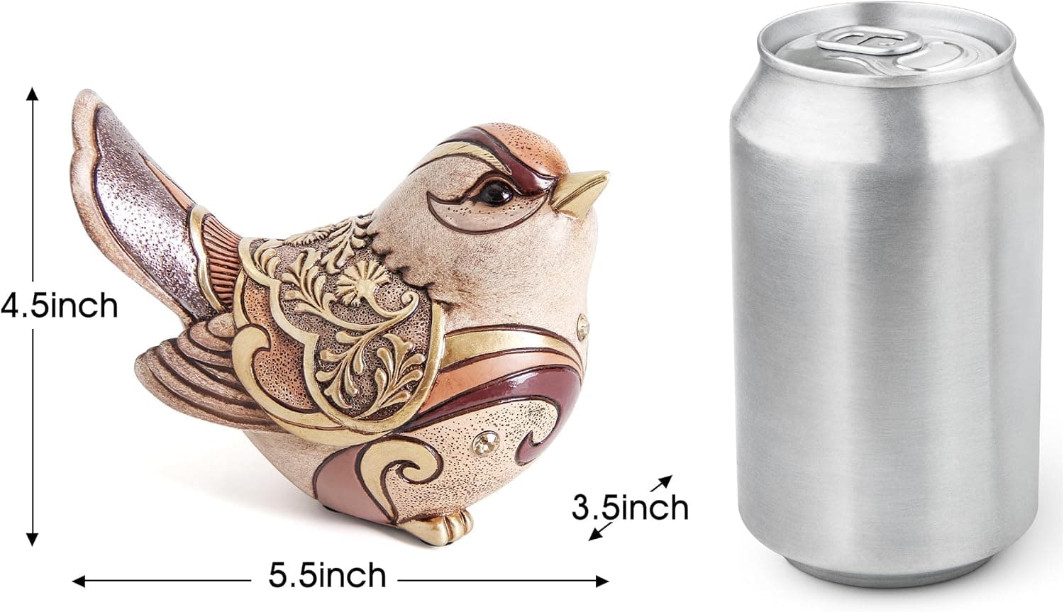 Cream and gold resin boho bird figurine with floral details for shelves, mantels, and cozy farmhouse home decor. detail view 3