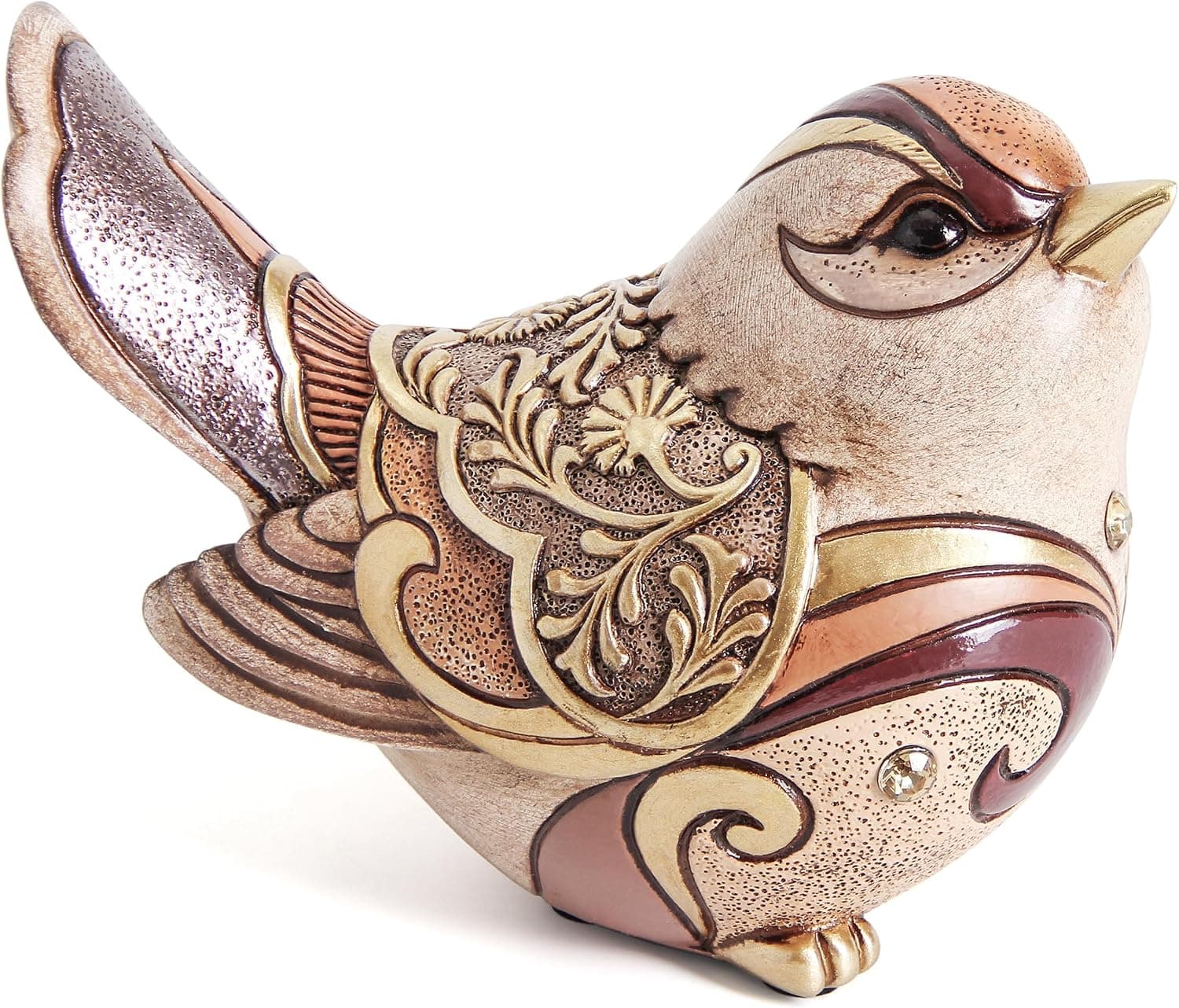 Cream and gold resin boho bird figurine with floral details for shelves, mantels, and cozy farmhouse home decor.