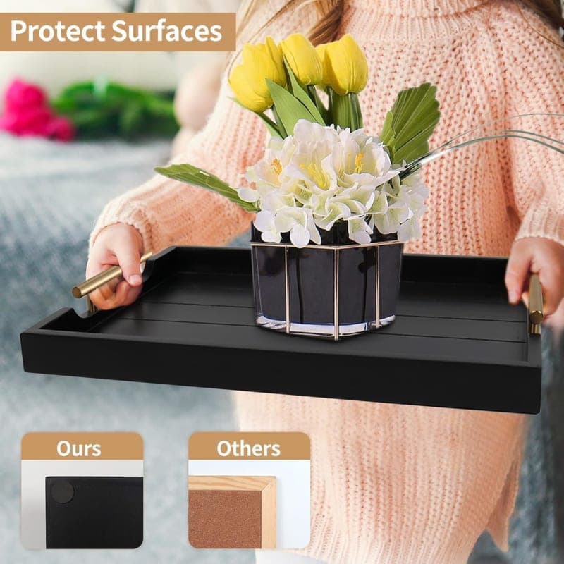 Black wooden coffee table tray with gold handles and coasters for elegant living room styling. gallery view 1