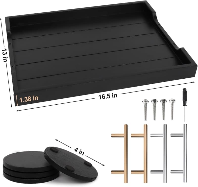 Black wooden coffee table tray with gold handles and coasters for elegant living room styling. gallery view 3