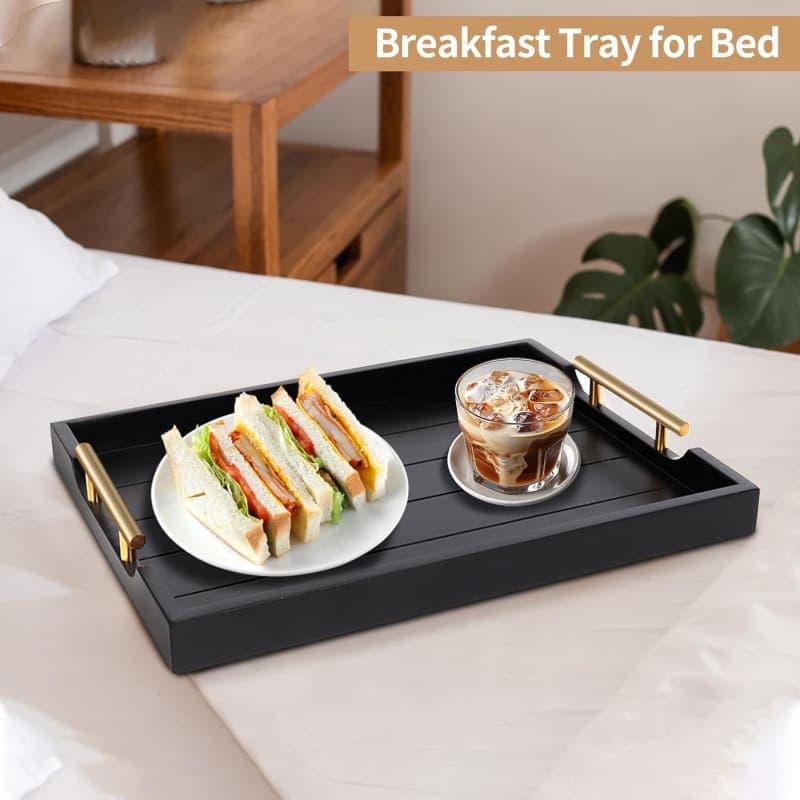 Black wooden coffee table tray with gold handles and coasters for elegant living room styling. gallery view 4