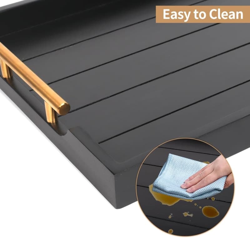 Black wooden coffee table tray with gold handles and coasters for elegant living room styling. gallery view 2