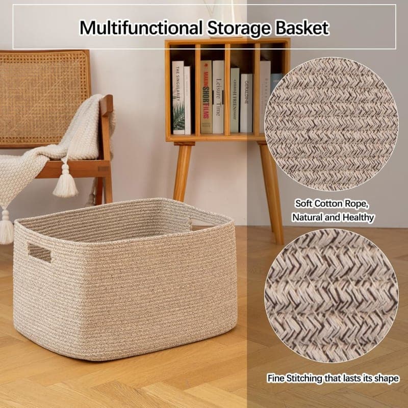 Large brown woven cotton rope storage basket with handles for blankets, toys, and living room organization gallery view 3