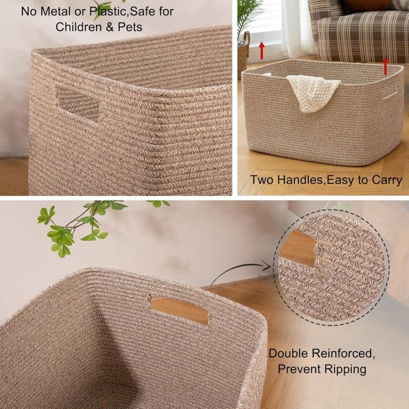 Large brown woven cotton rope storage basket with handles for blankets, toys, and living room organization gallery view 1