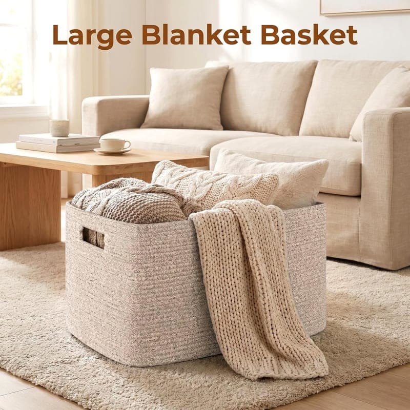 Large brown woven cotton rope storage basket with handles for blankets, toys, and living room organization gallery view 4
