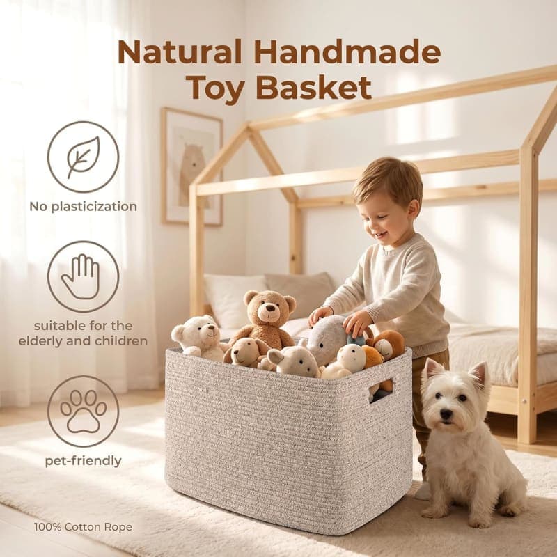 Large brown woven cotton rope storage basket with handles for blankets, toys, and living room organization gallery view 2