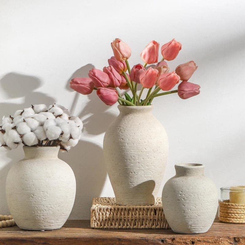 Rustic white ceramic flower vase with textured farmhouse style for living room, shelf, or dining table decor gallery view 1