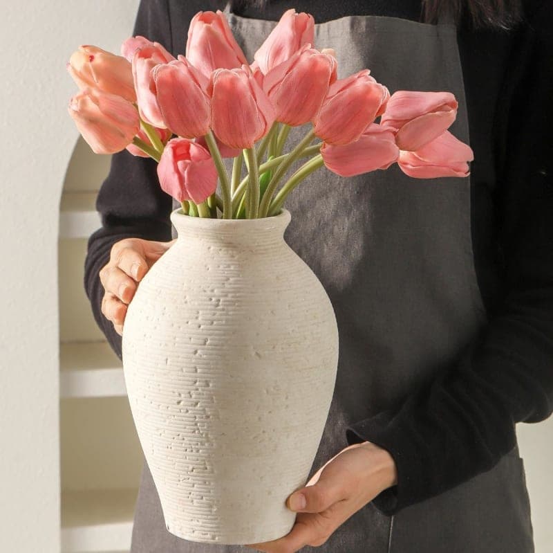 Rustic white ceramic flower vase with textured farmhouse style for living room, shelf, or dining table decor gallery view 3