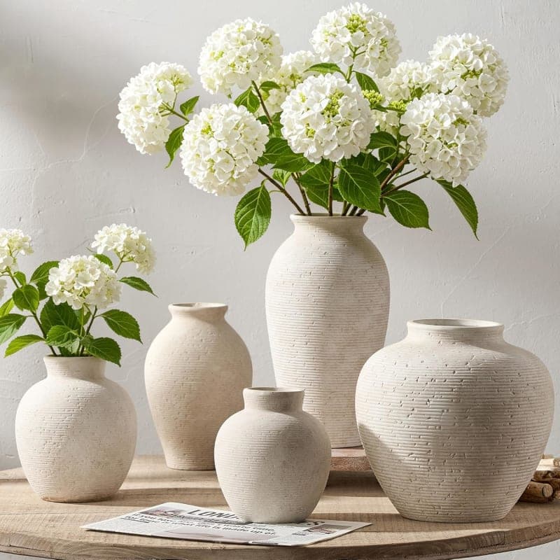 Rustic white ceramic flower vase with textured farmhouse style for living room, shelf, or dining table decor gallery view 2