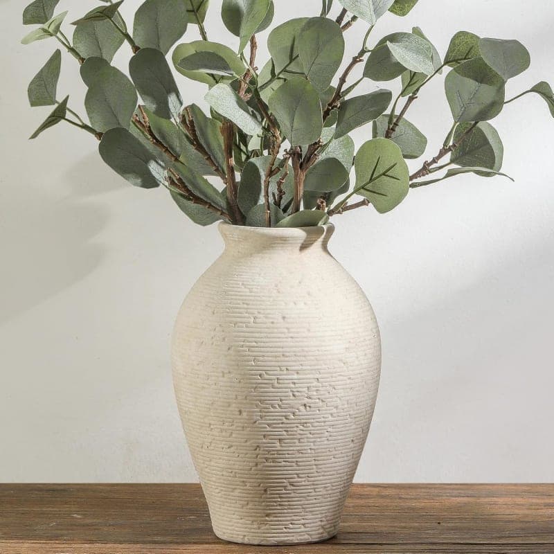 Rustic white ceramic flower vase with textured farmhouse style for living room, shelf, or dining table decor gallery view 4