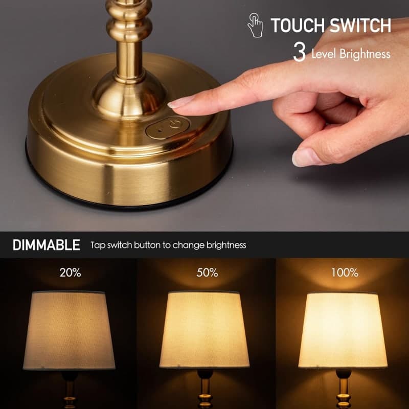 Antique brass cordless table lamp with white fabric shade for warm bedside or accent lighting gallery view 1