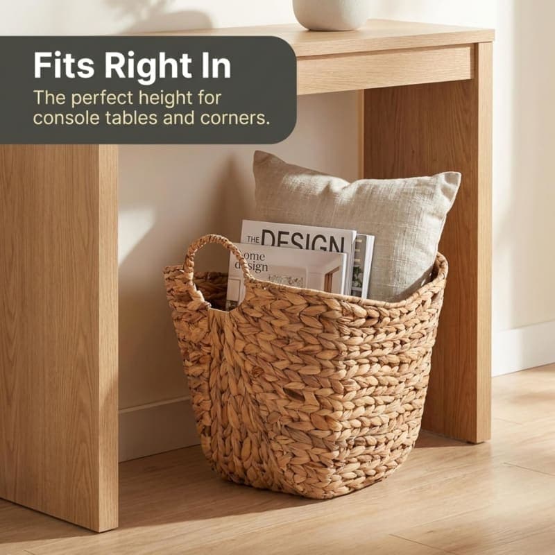 Natural water hyacinth wicker basket with handles for warm storage and home organization. gallery view 3
