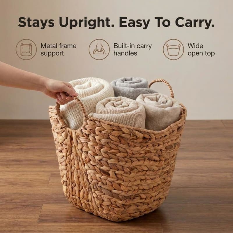 Natural water hyacinth wicker basket with handles for warm storage and home organization. gallery view 4