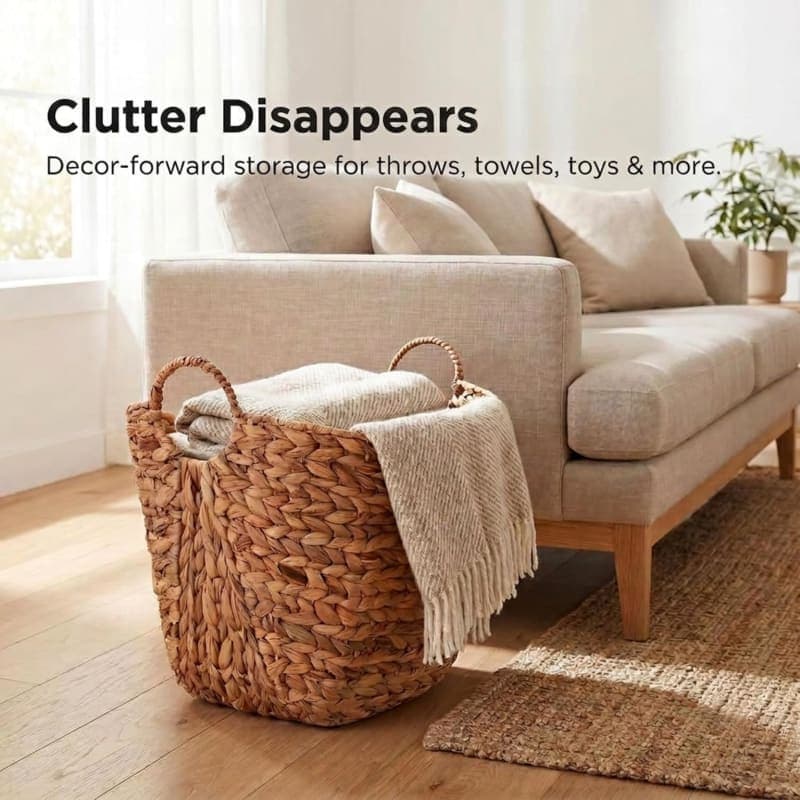 Natural water hyacinth wicker basket with handles for warm storage and home organization. gallery view 2