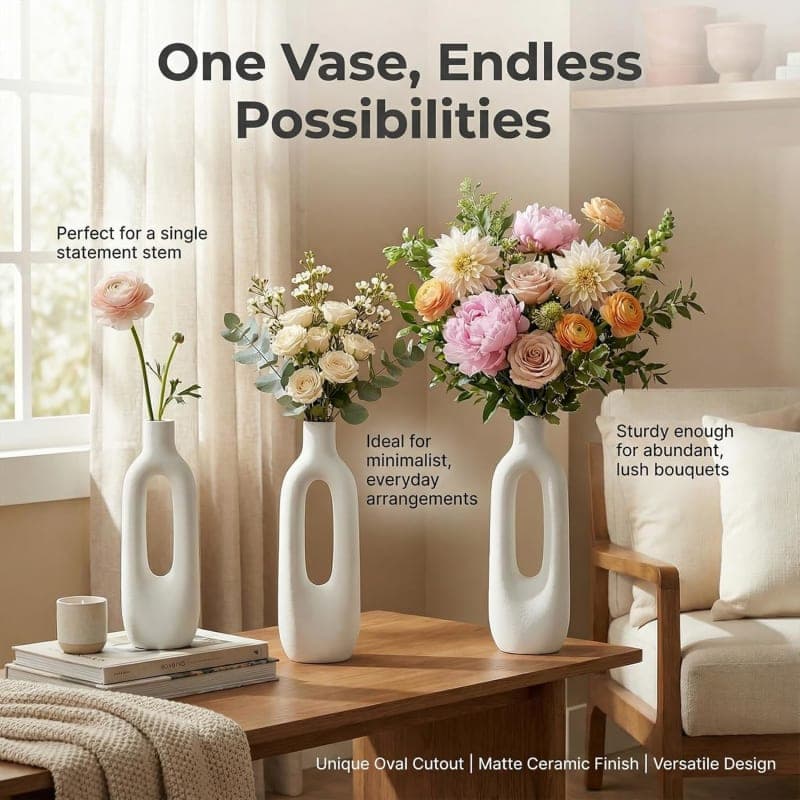 Tall skinny ceramic vase with oval cutout for dried flowers and modern farmhouse home decor. gallery view 1