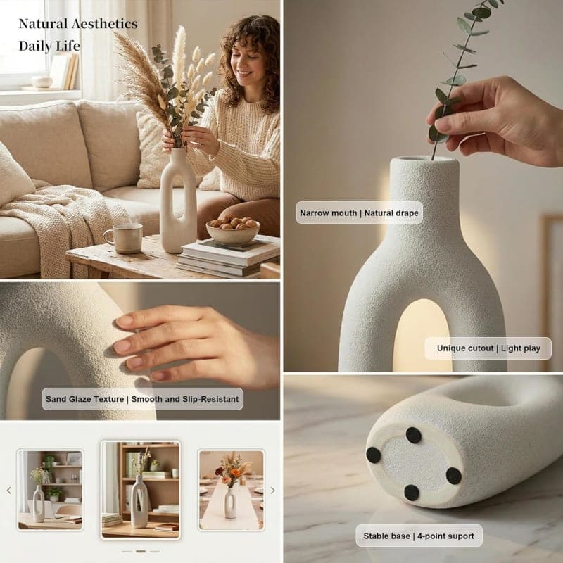 Tall skinny ceramic vase with oval cutout for dried flowers and modern farmhouse home decor. gallery view 2