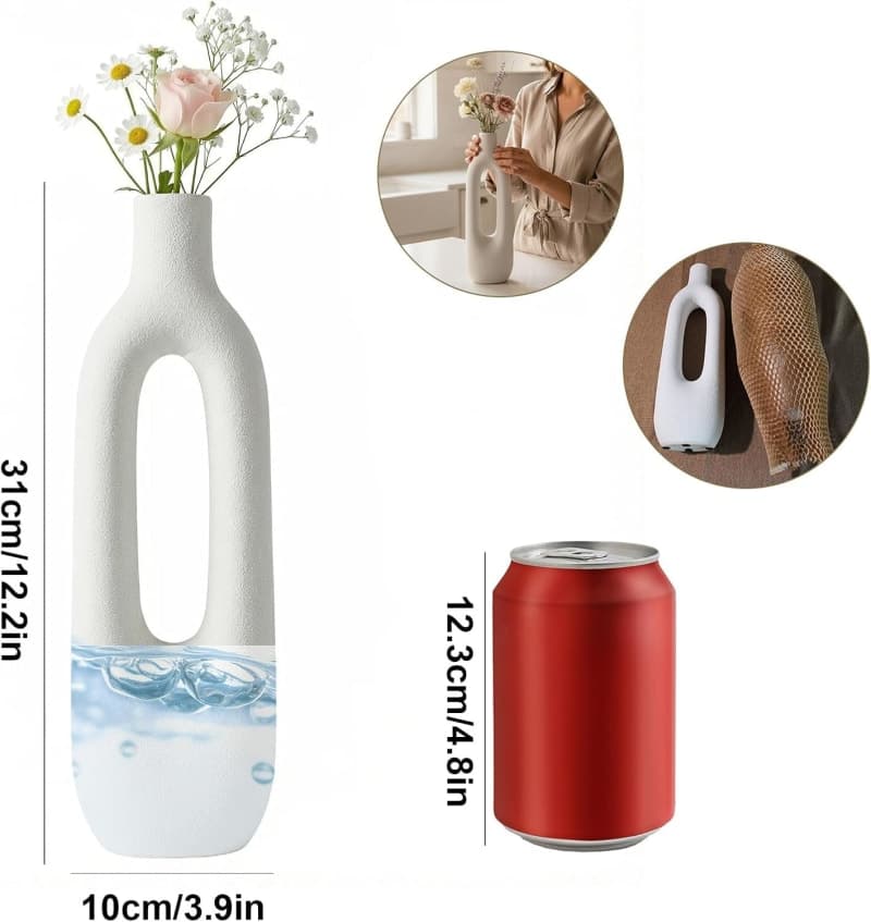 Tall skinny ceramic vase with oval cutout for dried flowers and modern farmhouse home decor. gallery view 3