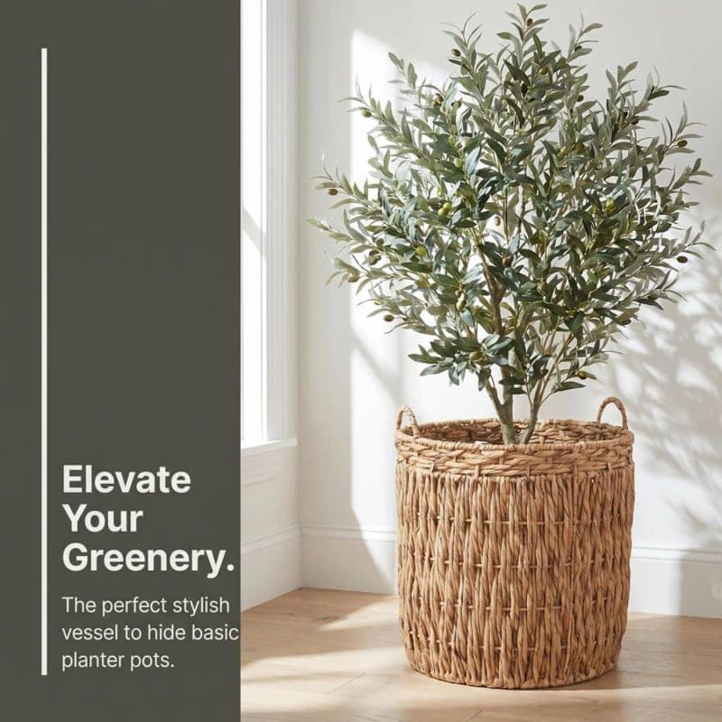 Tall natural woven wicker basket with handles, handmade rustic floor storage for laundry and blankets in a living room. gallery view 1