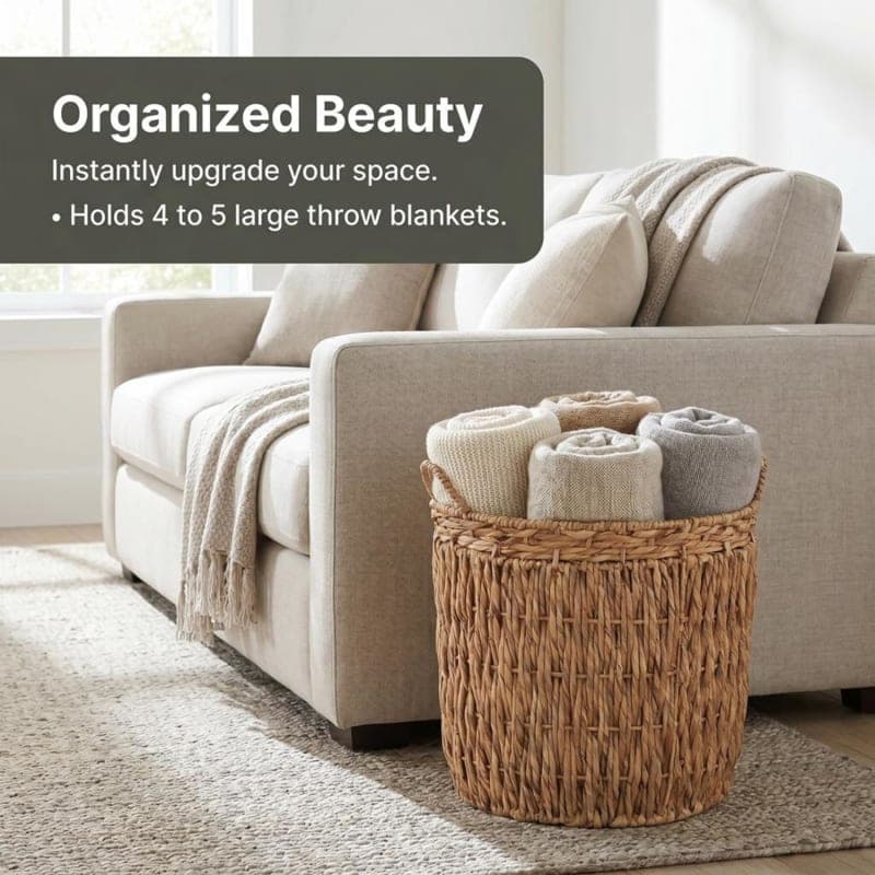 Tall natural woven wicker basket with handles, handmade rustic floor storage for laundry and blankets in a living room. gallery view 2