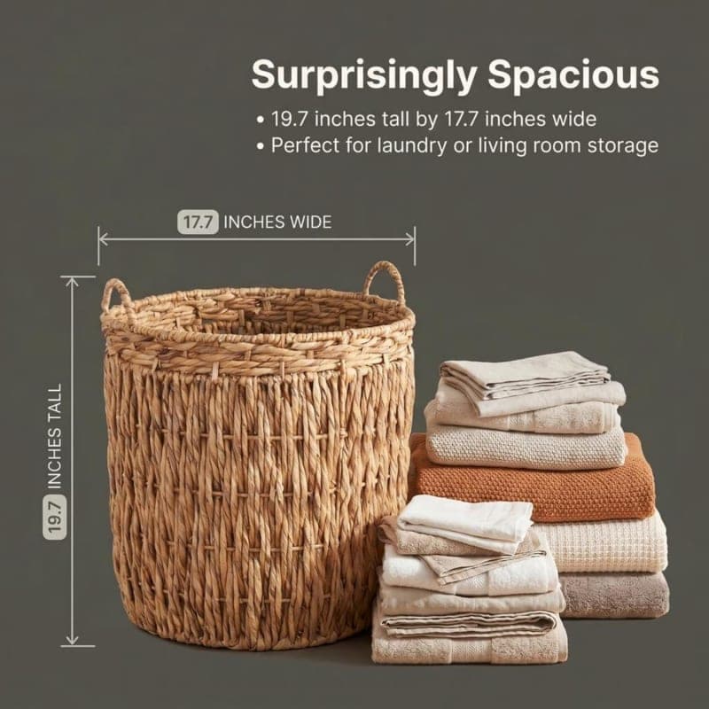 Tall natural woven wicker basket with handles, handmade rustic floor storage for laundry and blankets in a living room. gallery view 3