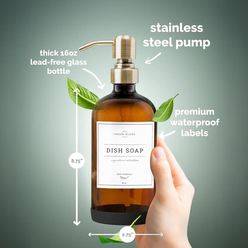 Amber glass soap dispenser set with gold pumps and labels for kitchen sink or bathroom counter styling gallery view 1