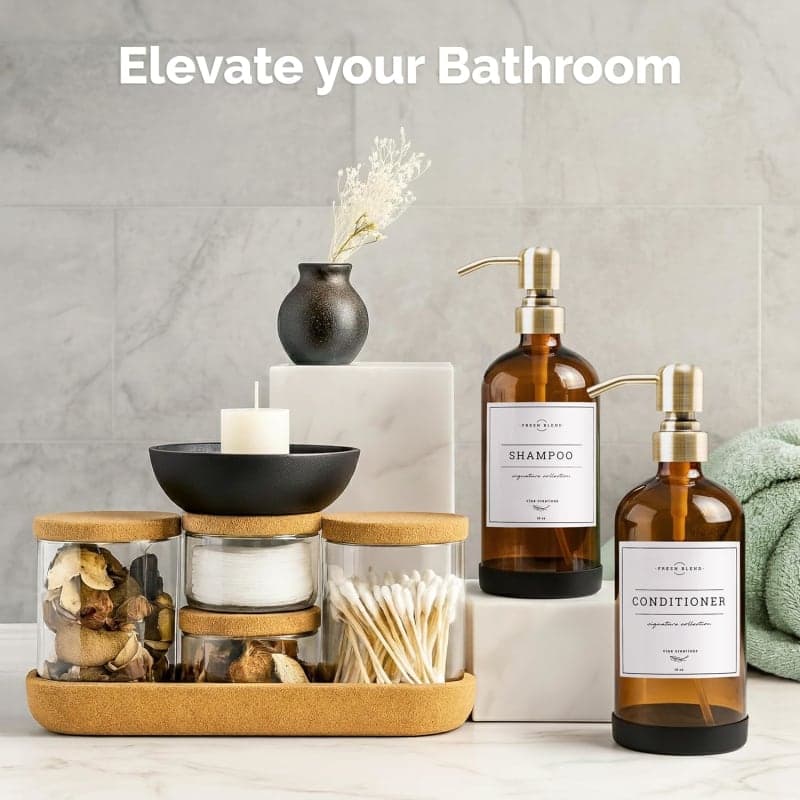 Amber glass soap dispenser set with gold pumps and labels for kitchen sink or bathroom counter styling gallery view 2