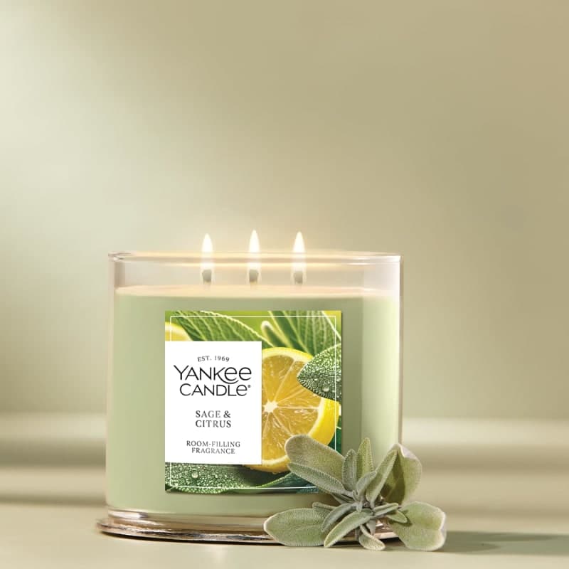 Sage and citrus scented three-wick candle in a glass jar for fresh home fragrance and cozy decor gallery view 4