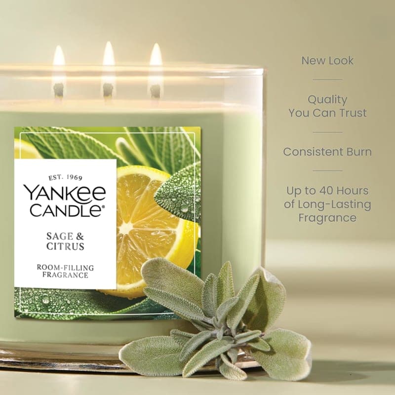 Sage and citrus scented three-wick candle in a glass jar for fresh home fragrance and cozy decor gallery view 2