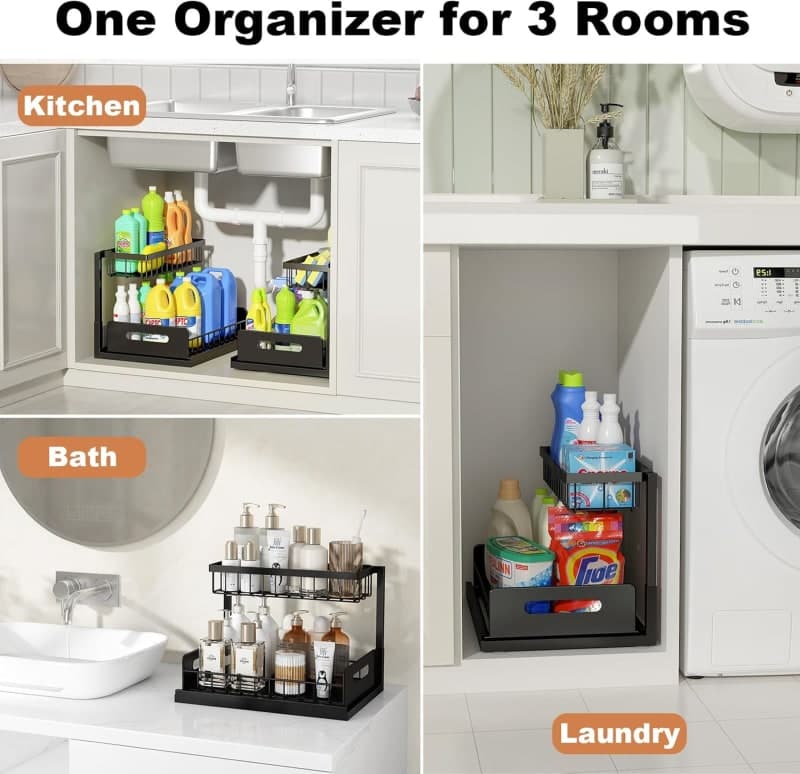 Black two-tier pull-out under sink organizer with metal shelves for kitchen and bathroom cabinet storage gallery view 1