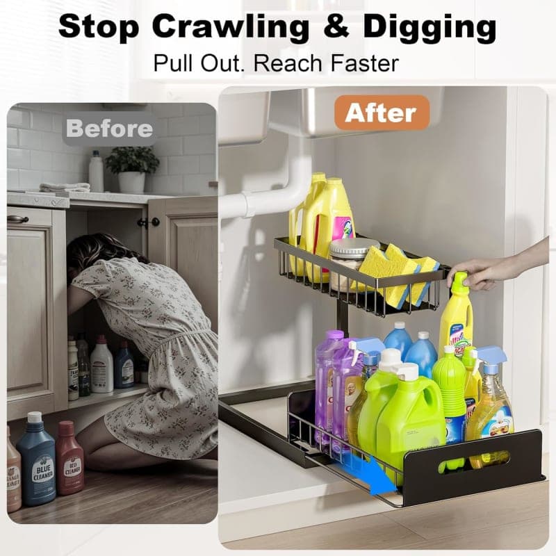 Black two-tier pull-out under sink organizer with metal shelves for kitchen and bathroom cabinet storage gallery view 2