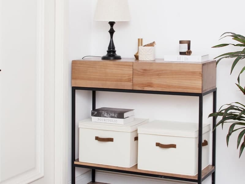 Ivory fabric storage bins with lids and brown handles for shelves, closets, and home organization gallery view 2
