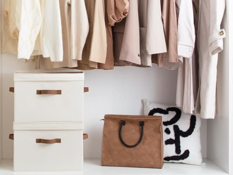 Ivory fabric storage bins with lids and brown handles for shelves, closets, and home organization gallery view 1