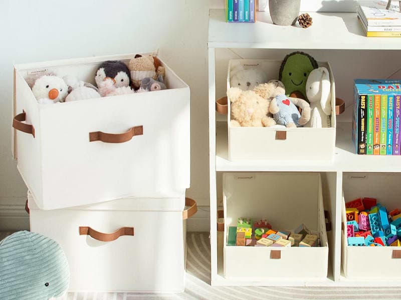 Ivory fabric storage bins with lids and brown handles for shelves, closets, and home organization gallery view 4