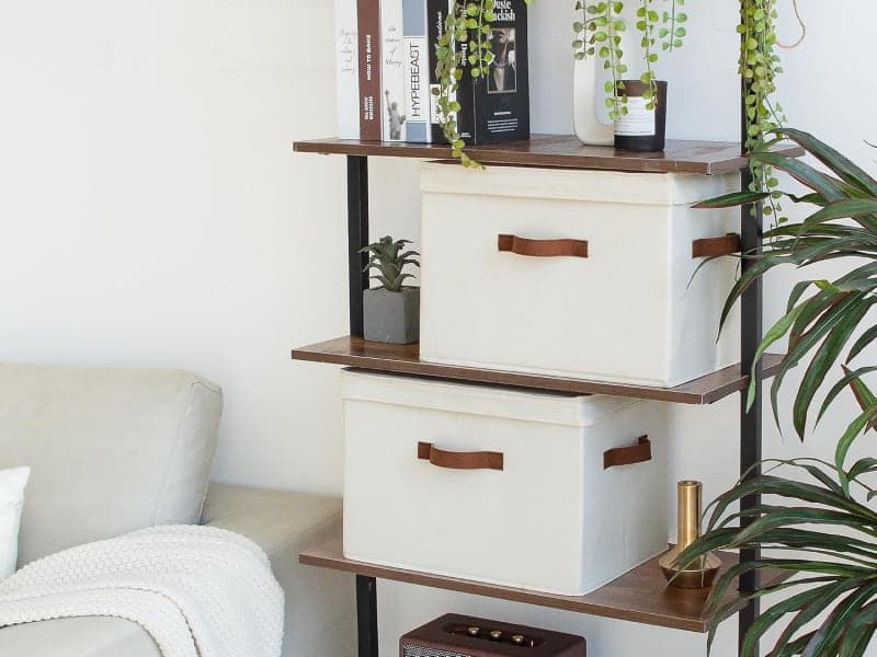 Ivory fabric storage bins with lids and brown handles for shelves, closets, and home organization gallery view 3