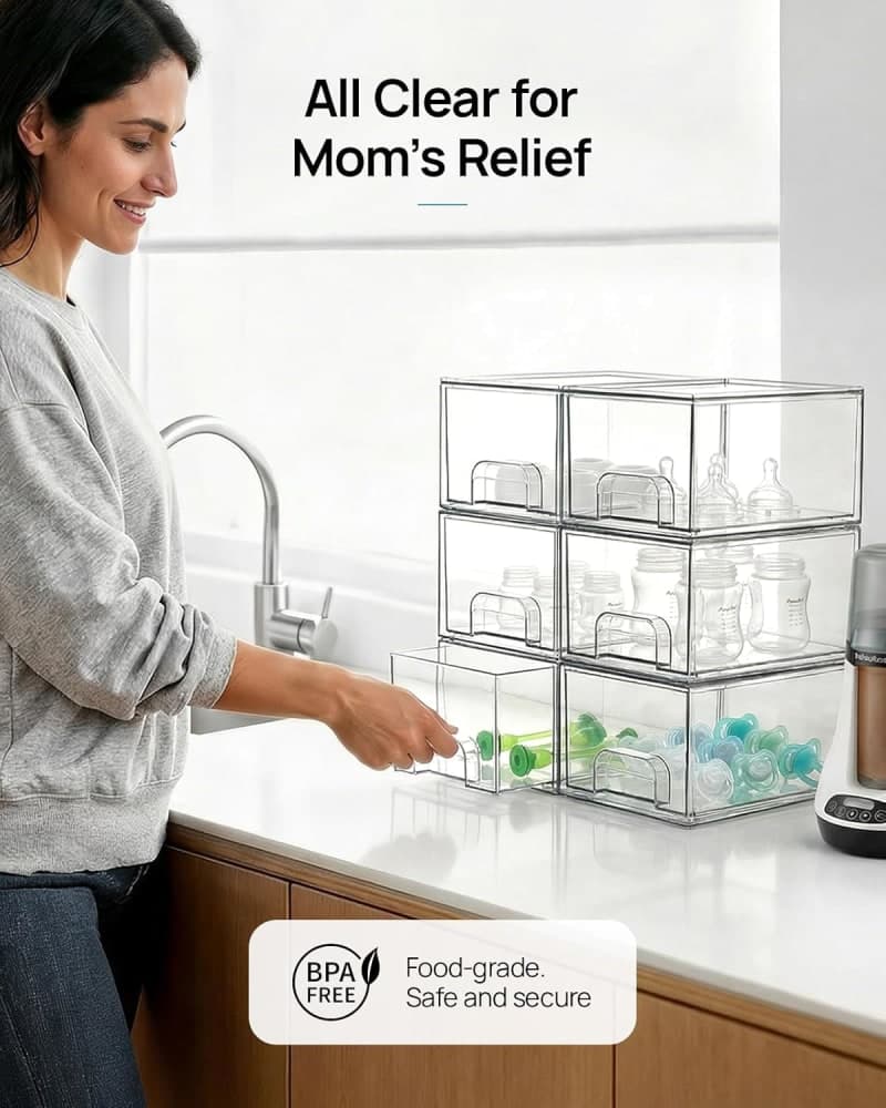 Clear acrylic stackable storage drawers for vanity, bathroom, pantry, and cabinet organization gallery view 1