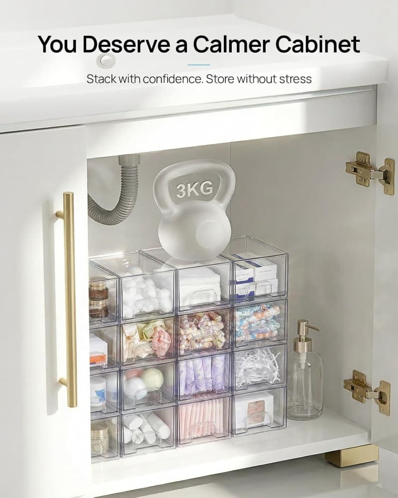 Clear acrylic stackable storage drawers for vanity, bathroom, pantry, and cabinet organization gallery view 3
