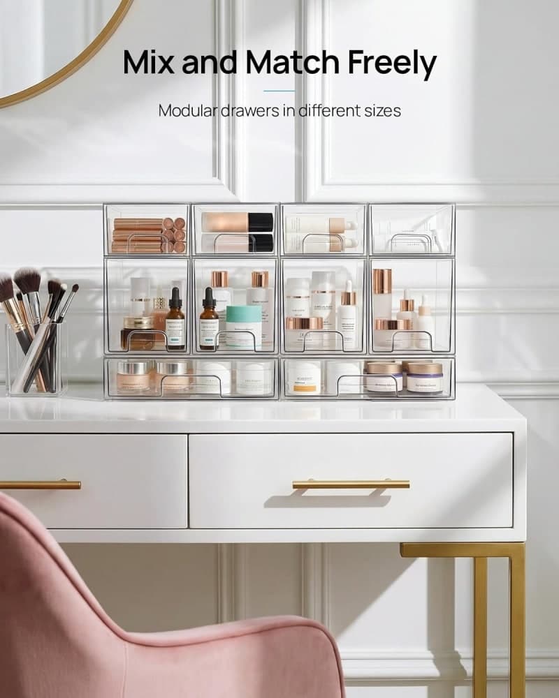 Clear acrylic stackable storage drawers for vanity, bathroom, pantry, and cabinet organization gallery view 2