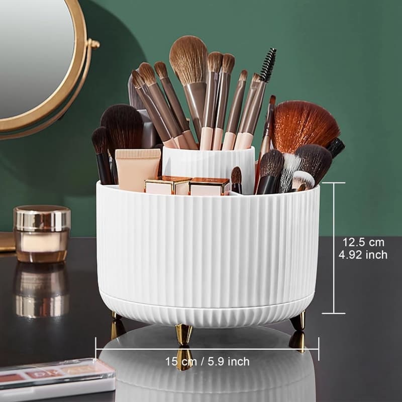 White rotating makeup brush organizer with divided compartments for bathroom vanity and desktop storage gallery view 3