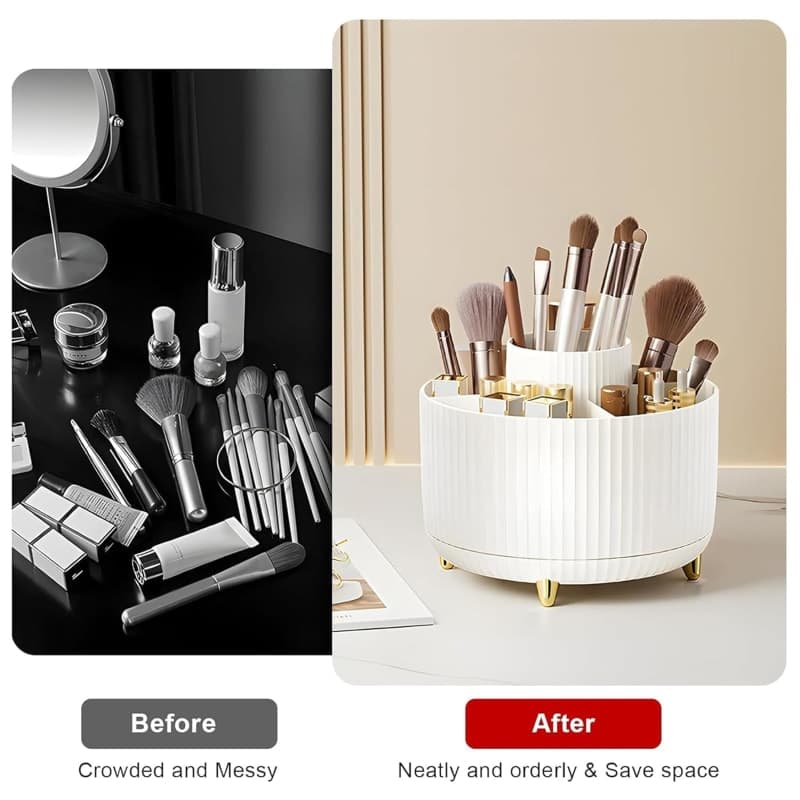 White rotating makeup brush organizer with divided compartments for bathroom vanity and desktop storage gallery view 2