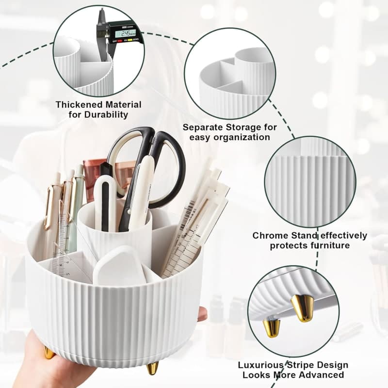 White rotating makeup brush organizer with divided compartments for bathroom vanity and desktop storage gallery view 4
