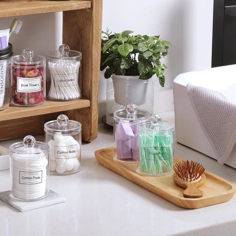 Clear acrylic bathroom canister set for cotton swabs, cotton balls, pads, and vanity essentials gallery view 1