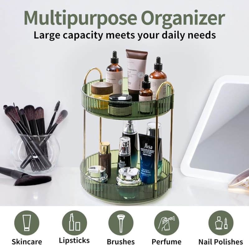 Green two-tier rotating vanity organizer with gold handles for skincare, makeup, and bathroom counter storage gallery view 2