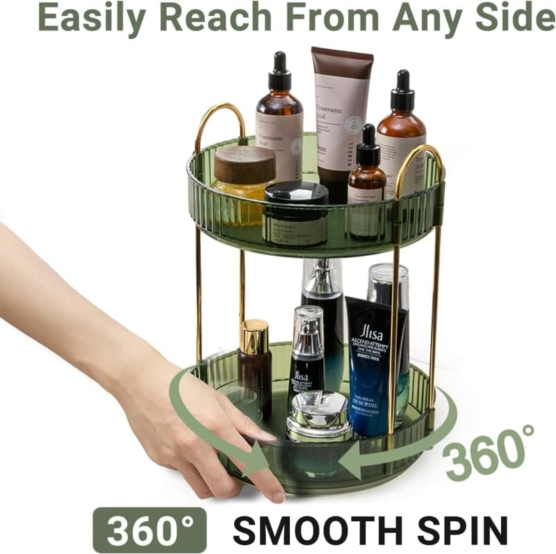 Green two-tier rotating vanity organizer with gold handles for skincare, makeup, and bathroom counter storage gallery view 3