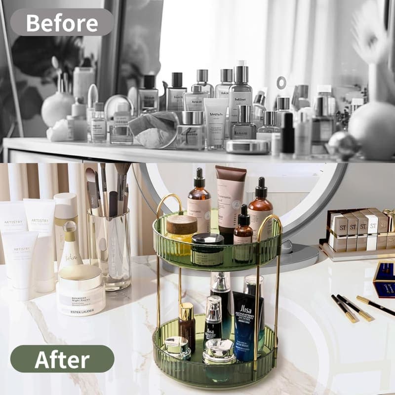 Green two-tier rotating vanity organizer with gold handles for skincare, makeup, and bathroom counter storage gallery view 4