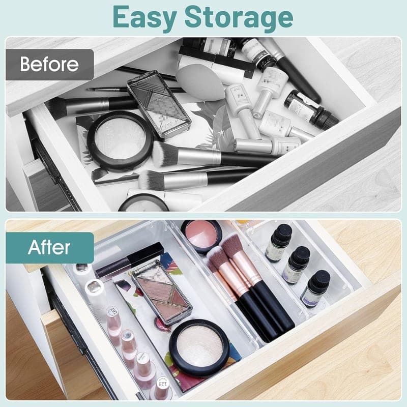 Clear plastic drawer organizer set in multiple sizes for makeup, jewelry, office, kitchen, and bathroom storage gallery view 3