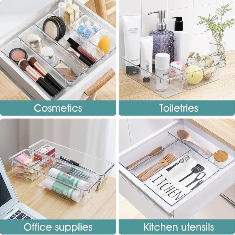 Clear plastic drawer organizer set in multiple sizes for makeup, jewelry, office, kitchen, and bathroom storage gallery view 2