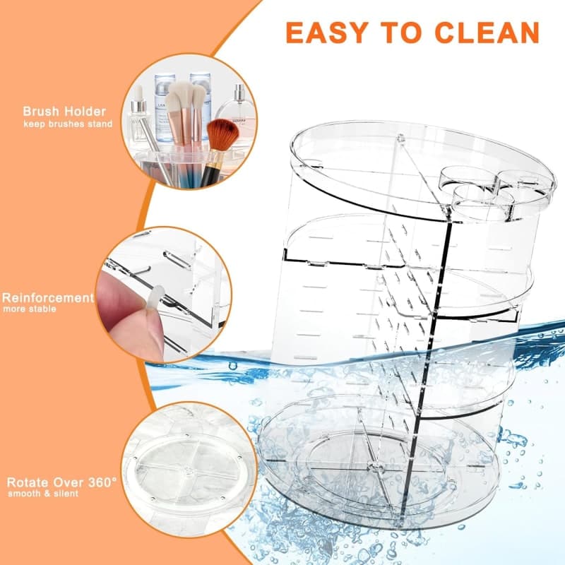Clear rotating makeup organizer with adjustable shelves for skincare, brushes, perfume, and vanity storage gallery view 1