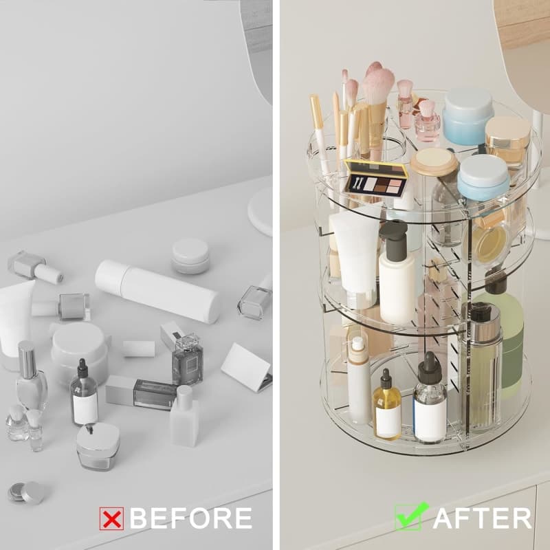 Clear rotating makeup organizer with adjustable shelves for skincare, brushes, perfume, and vanity storage gallery view 2