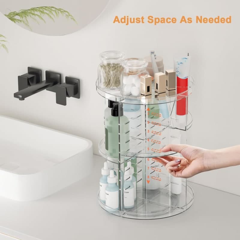 Clear rotating makeup organizer with adjustable shelves for skincare, brushes, perfume, and vanity storage gallery view 4