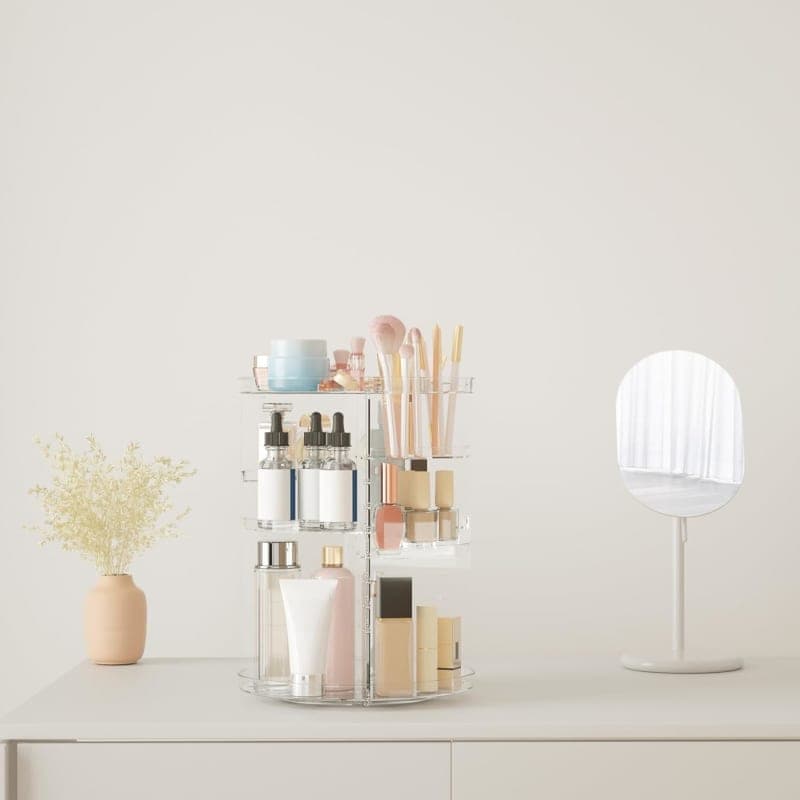 Clear rotating makeup organizer with adjustable shelves for skincare, brushes, perfume, and vanity storage gallery view 3